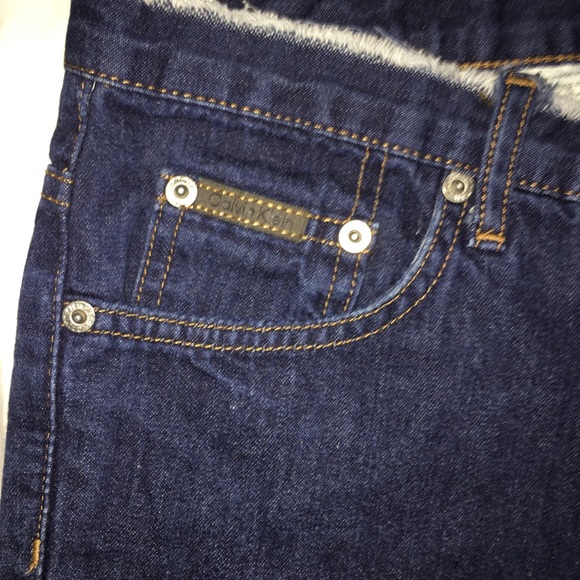 Highrise Flare Jeans, Distressed Denim, Frayed Waist/Hem, Dark Calvin Klein Sz 7 - Picture 3 of 13